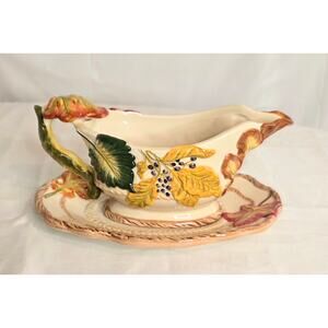 Vintage BICO China Ceramic Gravy Boat Serving Tray Set Autumn Leaf Pattern
